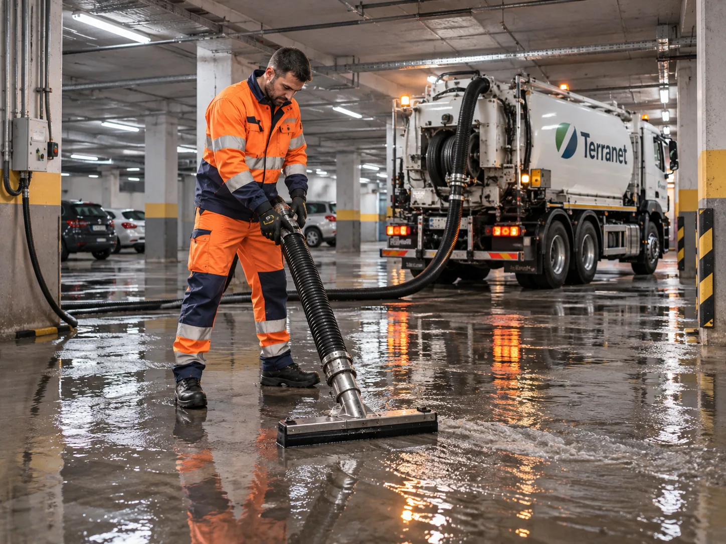 Achique de agua con equipo de succión en un parking