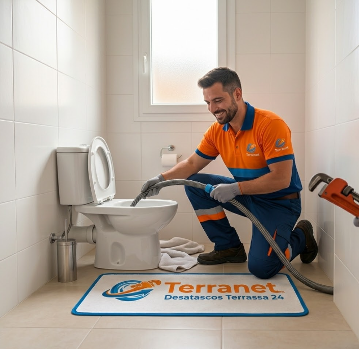 Técnico desatascando WC en Terrassa
